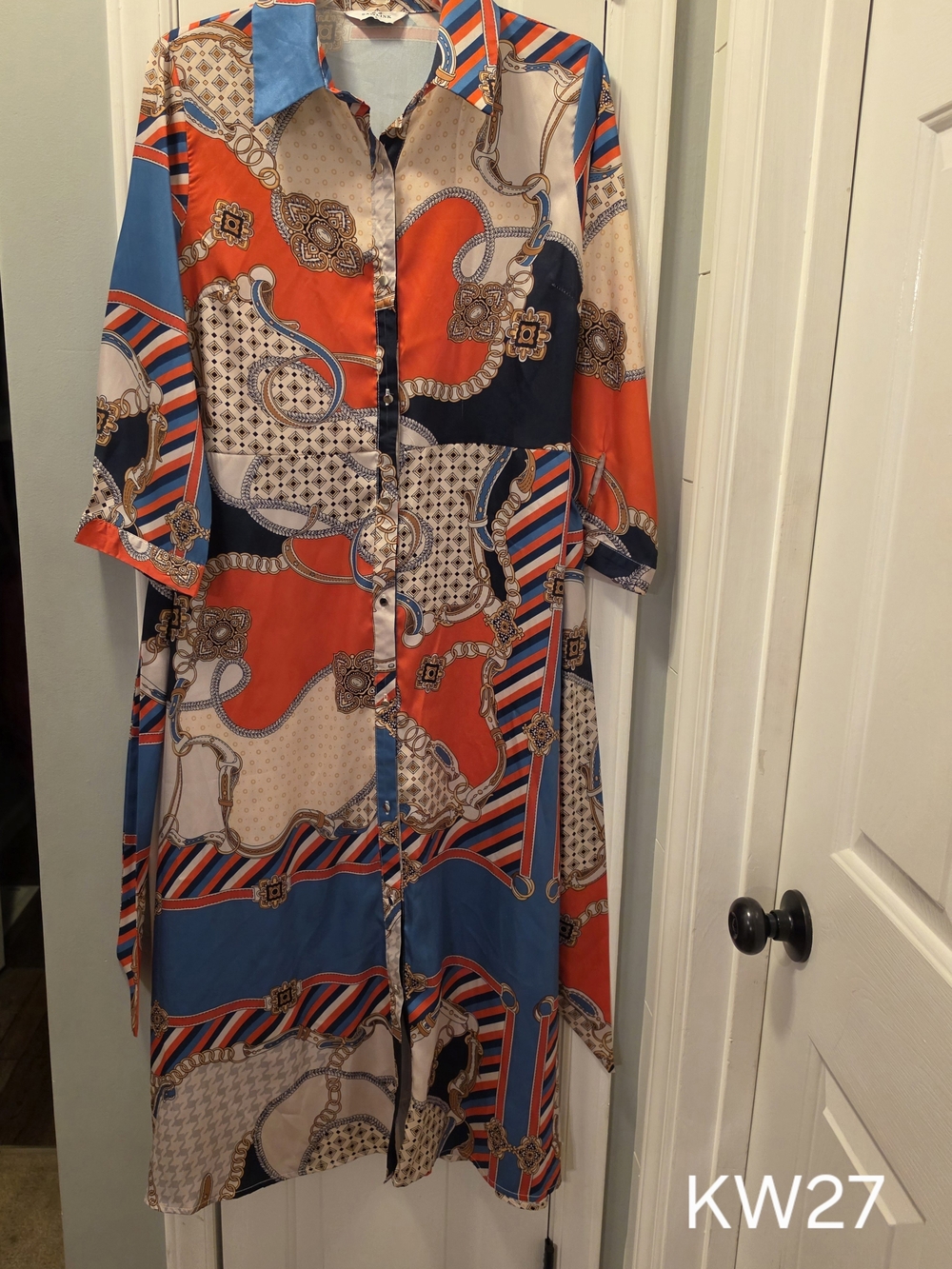 Button-Front Midi Dress in Orange and Blue Printed Chain Motif